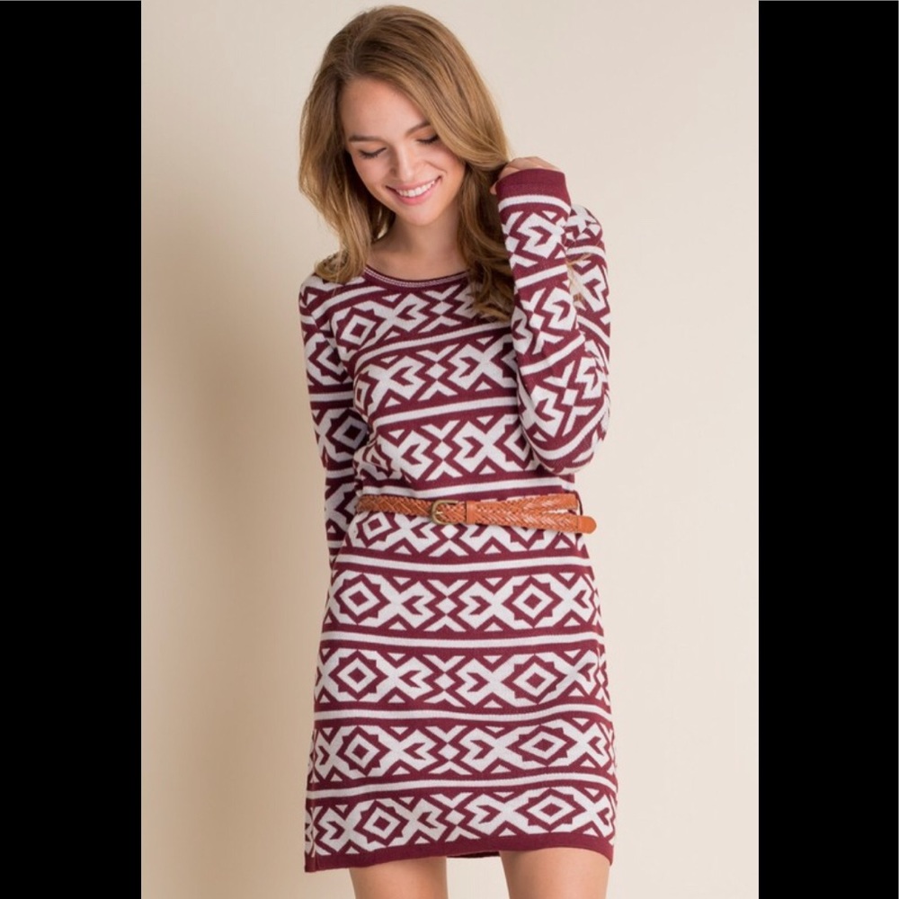 Burgundy & white belted soft sweater dress